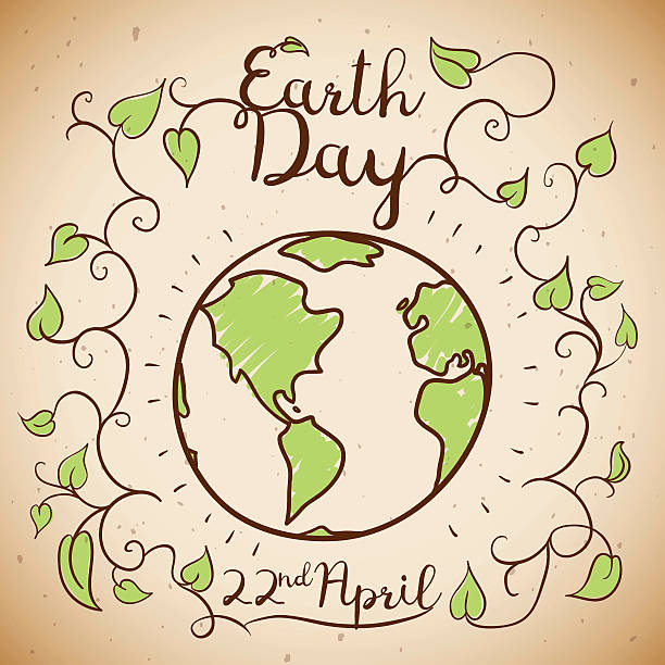 Earth Day Commemorative Design in Doodle Style Earth Day with a world, branches and leaves in doodle style for Earth Day. 22nd april stock illustrations