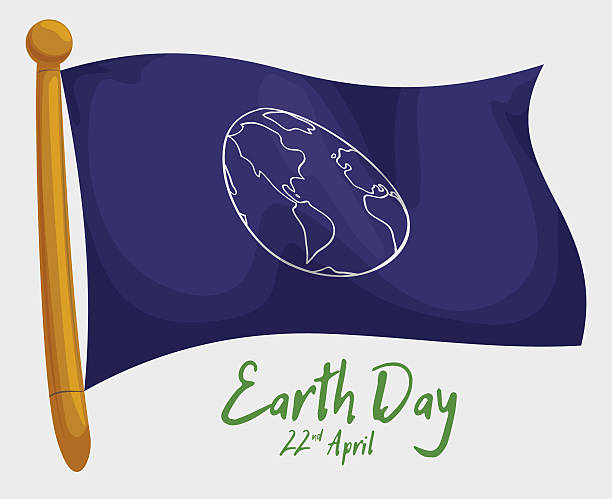 Commemorative Flag for Earth Day Wavy blue flag with World draw and golden shaft for Earth Day celebration. 22nd april stock illustrations