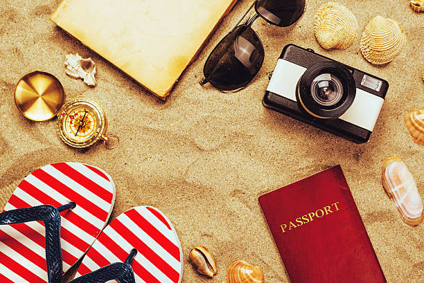 istock Summer vacation accessories on tropical sandy ocean beach, holid 521999892