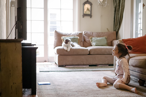 A pretty little girl is watching TV. She's playing a DVD and appears happy and entertained by what's playing on the LCD TV. She's 6 years old and Eurasian. Her dog is sitting on the couch in the background. The home's interior appears stylish and includes old-world/vintage home decor.