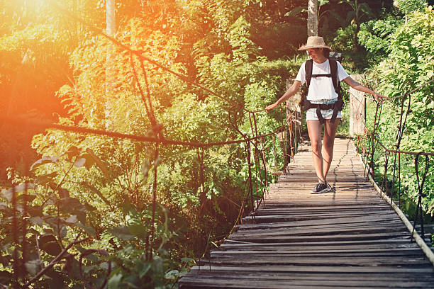 istock Woman with backpack traveling over hanging bridge 522000602
