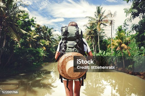 istock Woman standing near big tropical river 522001766