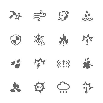 Simple Set of Influence Related Vector Icons. Contains such icons as water resistance, heat, dust and more. 