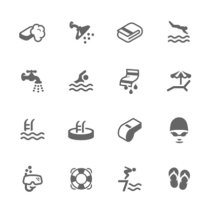 Simple Set of Water Pool Related Vector Icons. Contains such icons as swimming, shower, towels and more. 