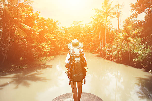 istock Woman with backpack and straw hat looking at tropical river 522002668