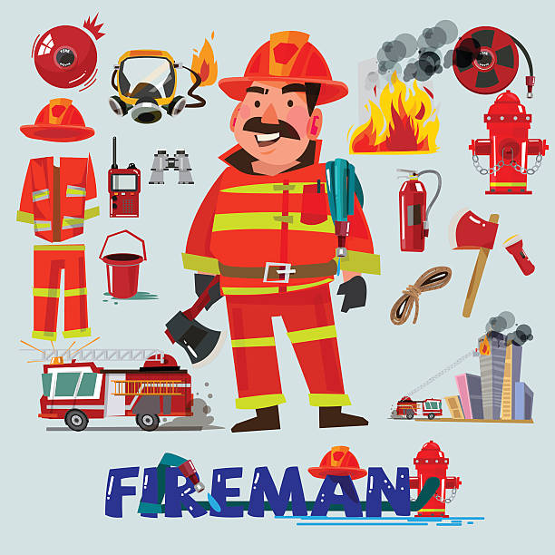 ilustraciones, imágenes clip art, dibujos animados e iconos de stock de bombero y la primera ayuda con carácter pesas. diseño. vector de - natural disaster fire office fire department