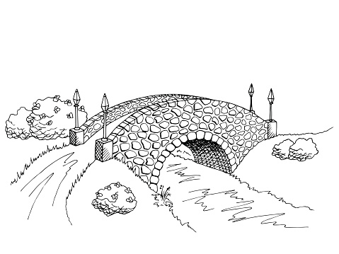 Bridge graphic art black white river landscape illustration vector