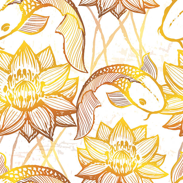 illustrations, cliparts, dessins animés et icônes de encre dessiné à la main en or motif uniforme de carpes koï - water lily single flower flower water