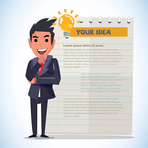smartman in thinking action. presenting concept - vector smartman in thinking action with lighting bulb of idea. presenting concept - vector illustration man with a light bulb over his head stock illustrations
