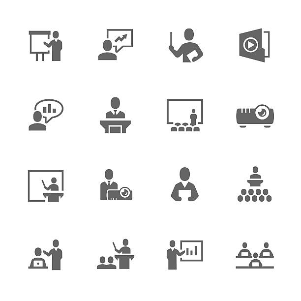 ilustraciones, imágenes clip art, dibujos animados e iconos de stock de presentación de negocios iconos simple - instructor