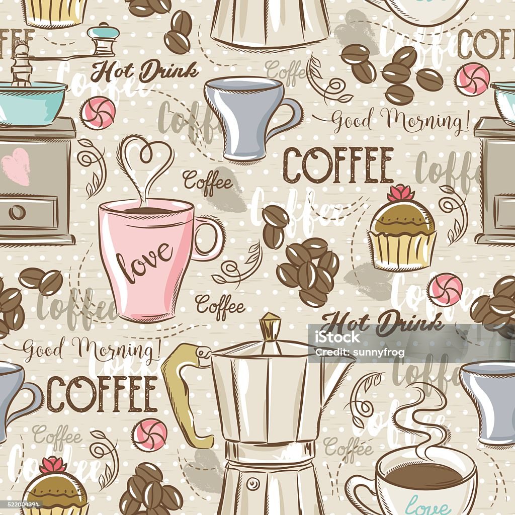 Beige seamless patterns with coffee set, maker, muffin Beige seamless patterns with coffee set, coffee maker,muffin,cup, flower and text. Ideal for printing onto fabric and paper or scrap booking. Coffee - Drink stock vector