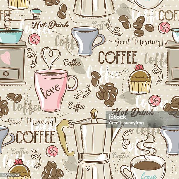 Beige Seamless Patterns With Coffee Set Maker Muffin Stock Illustration - Download Image Now