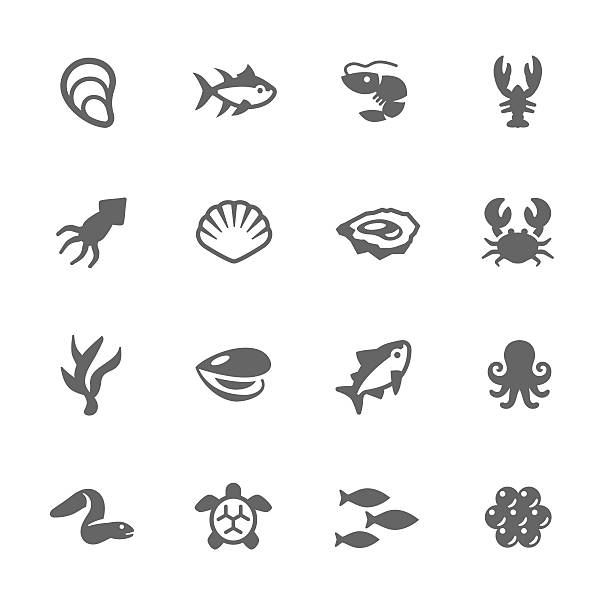 Simple Sea Food Icons Simple Set of Sea Food Related Vector Icons. Contains Such Icons as Oyster, Crab, Sea Shell and more. salmon animal illustrations stock illustrations