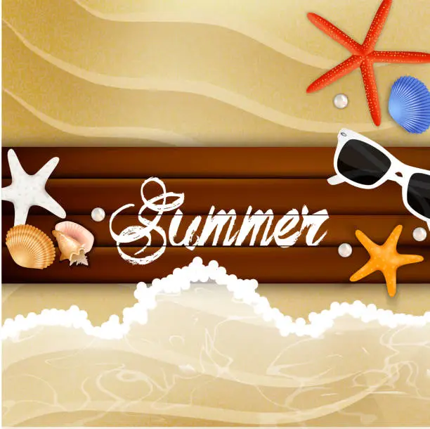 Vector illustration of Starfish and sunglasses on over wood background