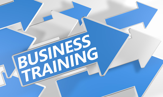Business Training 3d render concept with blue and white arrows flying over a white background.