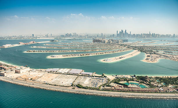 istock the palm jumeirah in Dubai with skyline 522037281