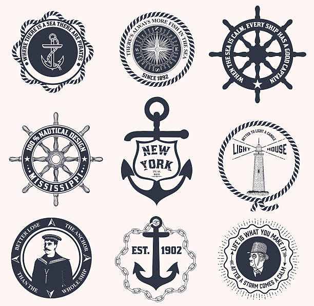 ilustrações de stock, clip art, desenhos animados e ícones de conjunto de rótulos náuticos vintage, ícones e elementos de design - nautical vessel pattern rope tattoo