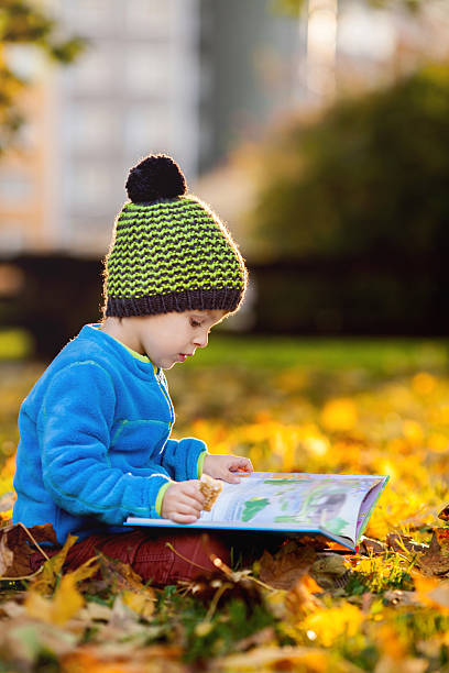 istock Cute boy, reading a book on lawn in the afternoon 522055173