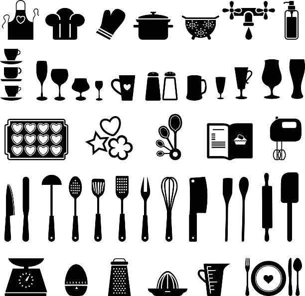 illustrazioni stock, clip art, cartoni animati e icone di tendenza di icone di cucina - articoli casalinghi