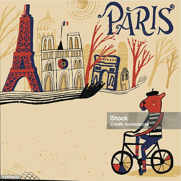 French Bulldog Cycling Through The Paris In France Stock Illustration - Download Image Now