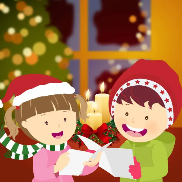 Vector illustration of Two Kids Singing Christmas Song