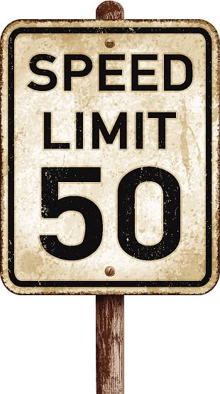 Old and rusty USA speed limit 50 miles per hour traffic sign. Vintage rectangular road sign with rusty stains and wooden post. This traffic sign has a sepia background and a thin black line with distressed black text. Photorealistic vector illustration isolated on white. Layered EPS10 file with transparencies and global colors. Individual elements and textures. Related images linked below.
