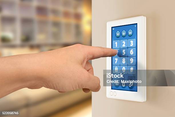 Security Rounds Using Proximity Pin Hand Entering Pin Code On Home Alarm Security System Stock Photo ...