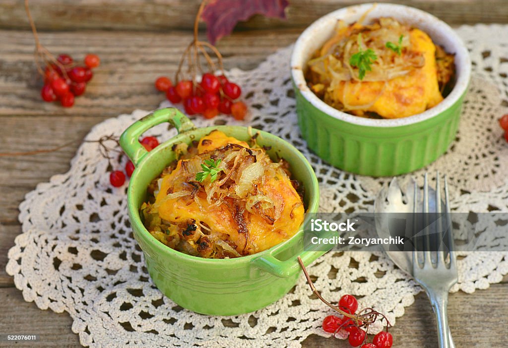 vegetables and meat casserole under a cheese crust vegetables and meat casserole under a cheese crust with fried onions Baked Stock Photo