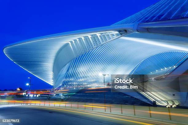 Futuristic Railway Station Building Illuminated At Night Stock Photo - Download Image Now
