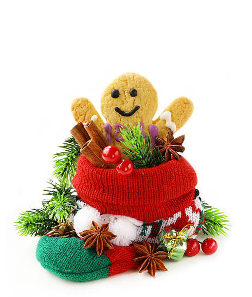 gingerbread man and Christmas spices in knitting socks