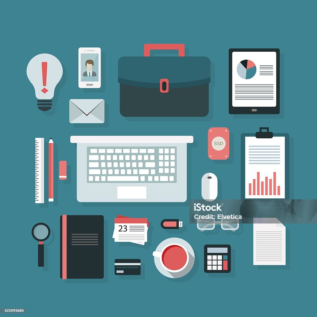 Offic Object Office Workplace Objects Flat Set Stock Illustration - Download Image ...