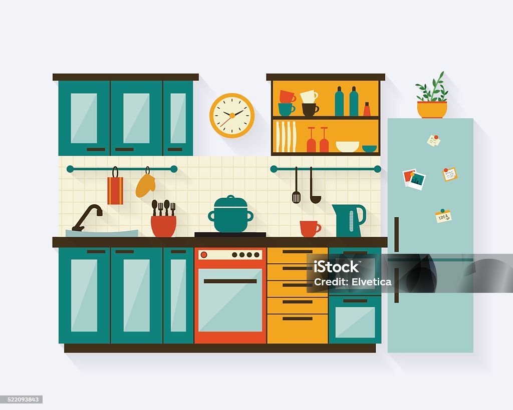 Kitchen with furniture flat illustration Kitchen utensils and furniture. Colorful kitchen dishes collection. Flat style vector illustration. Kitchen stock vector