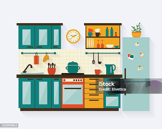 Kitchen With Furniture Flat Illustration Stock Illustration - Download Image Now - Kitchen, Apartment, Flat - Physical Description