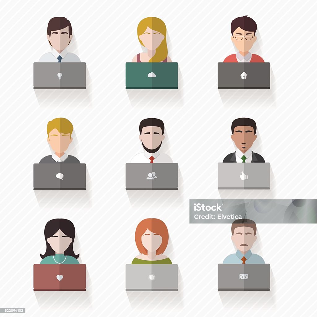 People with computers flat illustration People avatars in flat style. Men and women with computers collection set. Vector illustration. Adult stock vector