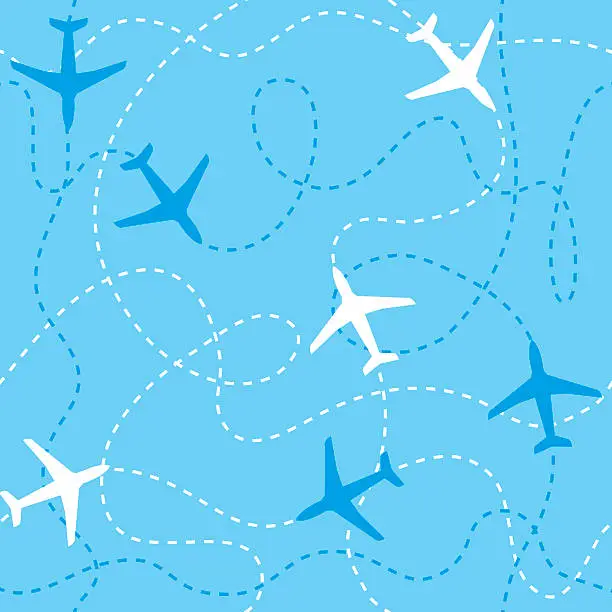 Vector illustration of Seamless background airplanes flying with dashed lines as tracks or