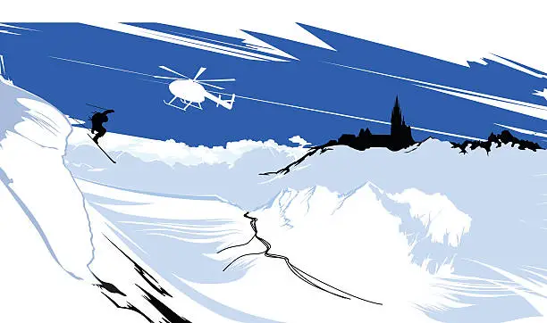 Vector illustration of skier goes down from snowy mountain peaks