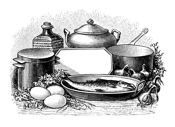 Antique illustration of food still life with blank sign Antique illustration of food still life with blank sign engraving food onion engraved image stock illustrations