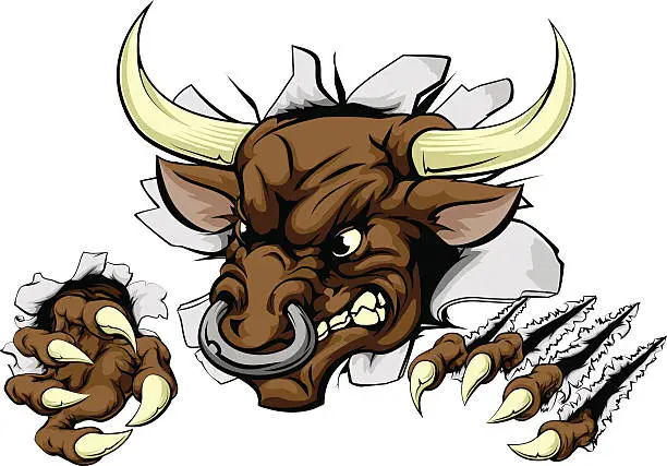 Vector illustration of Bull sports mascot breaking wall