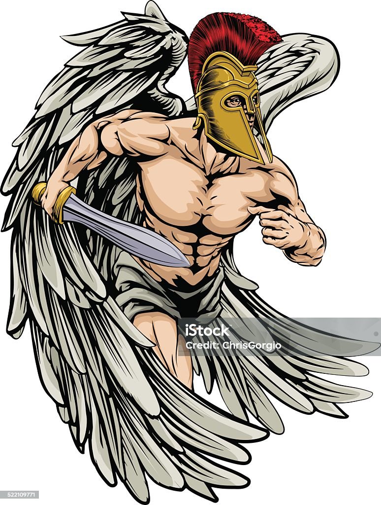 Warrior angel An illustration of a warrior angel character or sports mascot with big wings  in a trojan or Spartan style helmet holding a sword. Archangel Michael stock vector