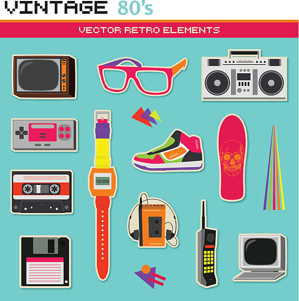 illustrazioni stock, clip art, cartoni animati e icone di tendenza di 80 vintage retrò di vettore elementi - stereo personale