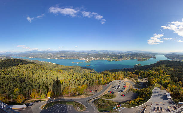 Autumn Panorama View From Observation Tower Pyramidenkogel To Lake Woerth stock photo