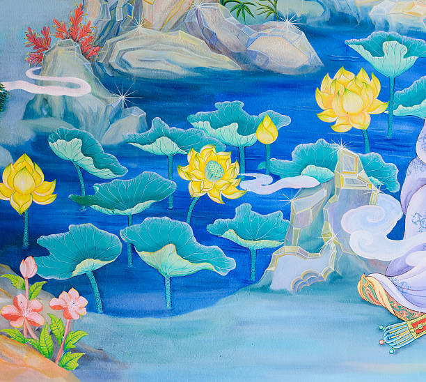 Traditional Chinese painting on temple wall at Wat Onoi in Nakorn Pathom province, Thailand.