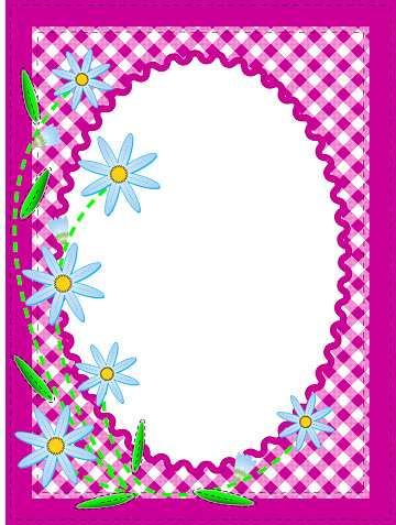 Jpg white oval copy space trimmed in ric rac on top of a pink gingham background trimmed with blue cornflowers containing quilting stitches.