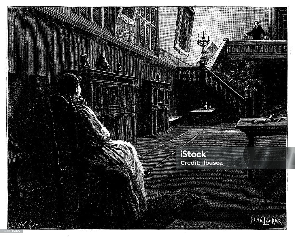 Antique illustration of woman sit in dark room 19th Century Style stock illustration