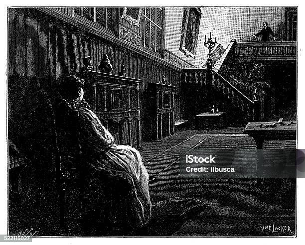 Antique Illustration Of Woman Sit In Dark Room Stock Illustration - Download Image Now - 19th Century Style, Adult, Adults Only