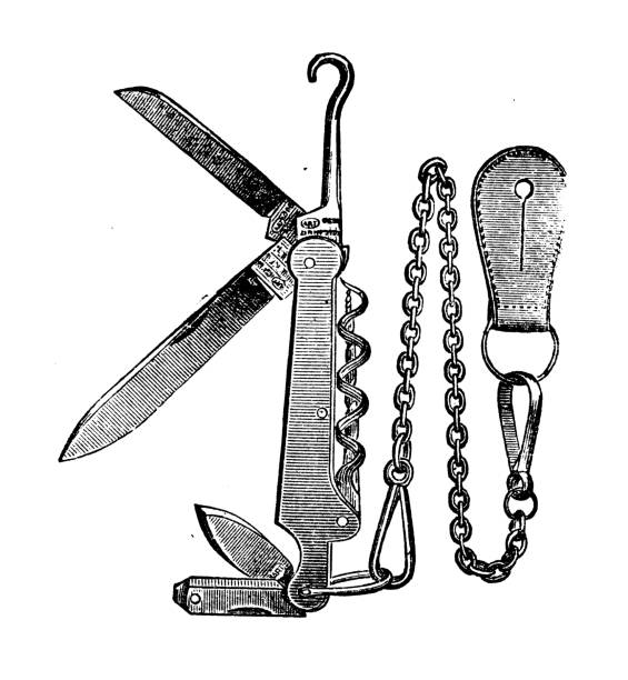 ilustraciones, imágenes clip art, dibujos animados e iconos de stock de antiguo cuchillo ilustración de suiza - penknife swiss culture work tool switzerland
