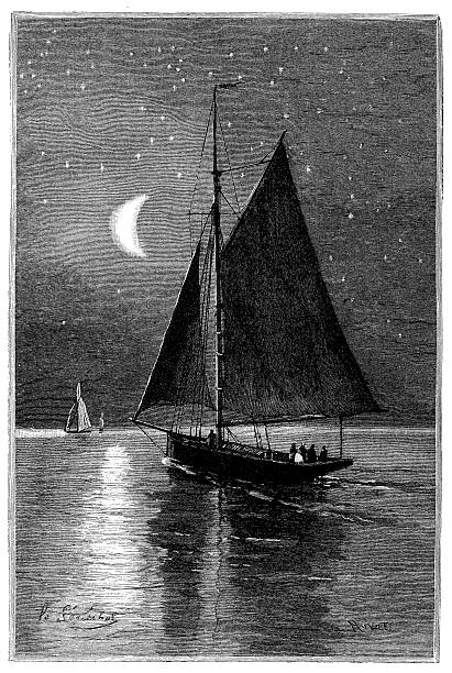 ilustrações, clipart, desenhos animados e ícones de antigo ilustração de vela navio à noite - antique engraved image moonlight night