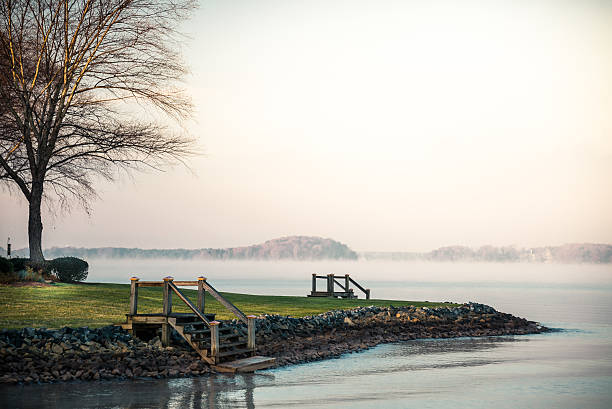Foggy Lake Norman Sunrise stock photo
