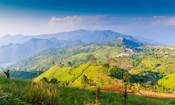 istock Beautiful sunshine at misty morning mountains . 522115567