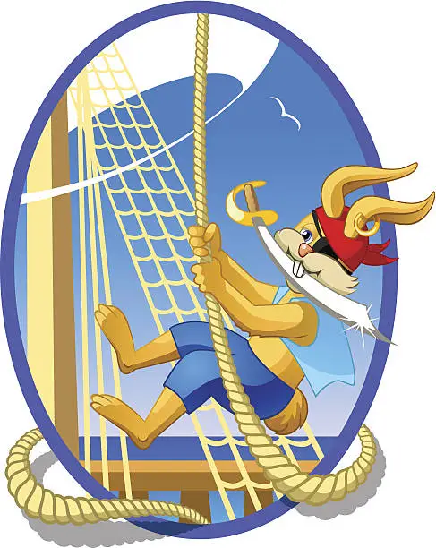 Vector illustration of Little pirate swinging on a rope on a sailing ship